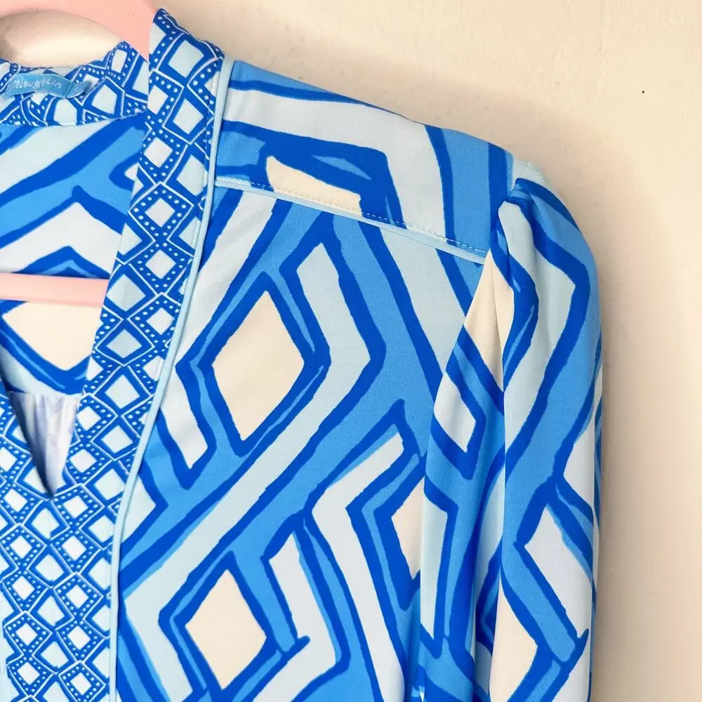 J McLaughlin Emer Long Sleeve Blue White Vilhada Souk Geometric Print Mini Dress